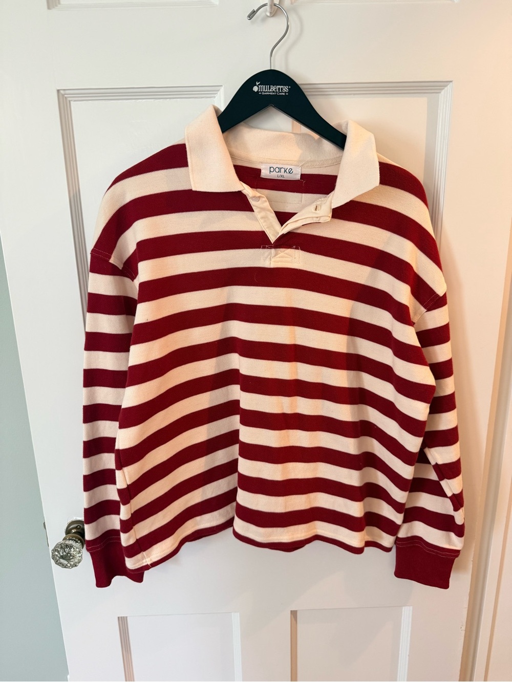 parke Red and Cream Striped Rugby Polo